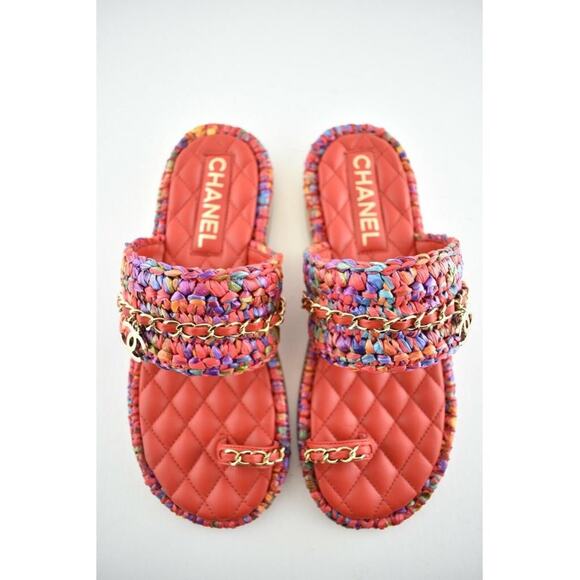 Chanel 20S Red Blue Purple Raffia Tweed CC Logo Mule Slide Strap Flat Sandal 36 - Picture 8 of 12